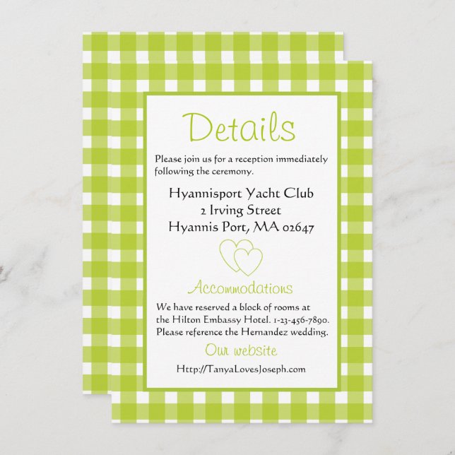 Rustic Wedding Details Gingham Green Plaid Party Invitation (Front/Back)