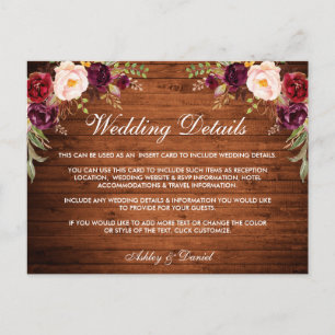Rustic Wedding Details Wood Burgundy Floral Card