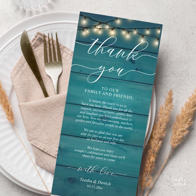 Rustic Wedding Dinner Place Setting Thank You Card (Rustic Wedding Dinner Place Setting Thank You Card Reception in Cottage Teal String Lights)
