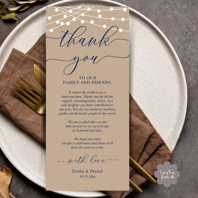 Rustic Wedding Dinner Place Setting Thank You Card (Rustic Wedding Dinner Place Setting Thank You Card Navy Blue in Cottage Brown Kraft String Lights)