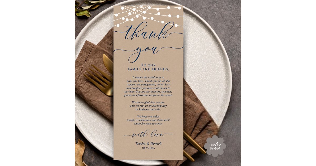 Rustic Wedding Dinner Place Setting Thank You Card | Zazzle