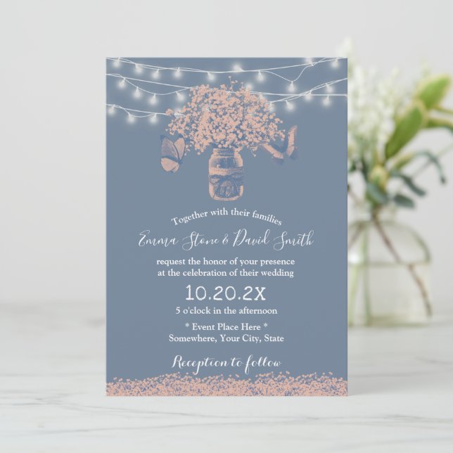 Rustic Wedding Dusty Blue Baby's Breath Floral Jar Invitation (Standing Front)