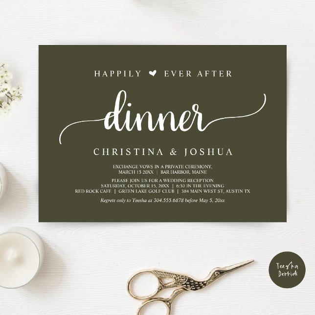 Rustic Wedding Elopement Happily Ever After Dinner Invitation (Happily Ever After Dinner Invitation Card, Modern Elopement Rustic Script, PDF, Olive Green)