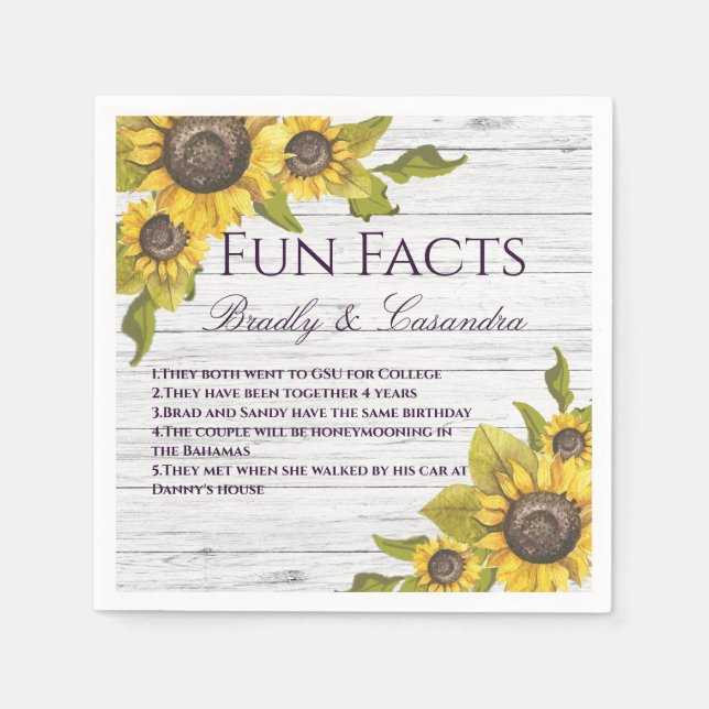 Rustic Wedding Fall Yellow Sunflower Fun Facts  Napkin (Front)