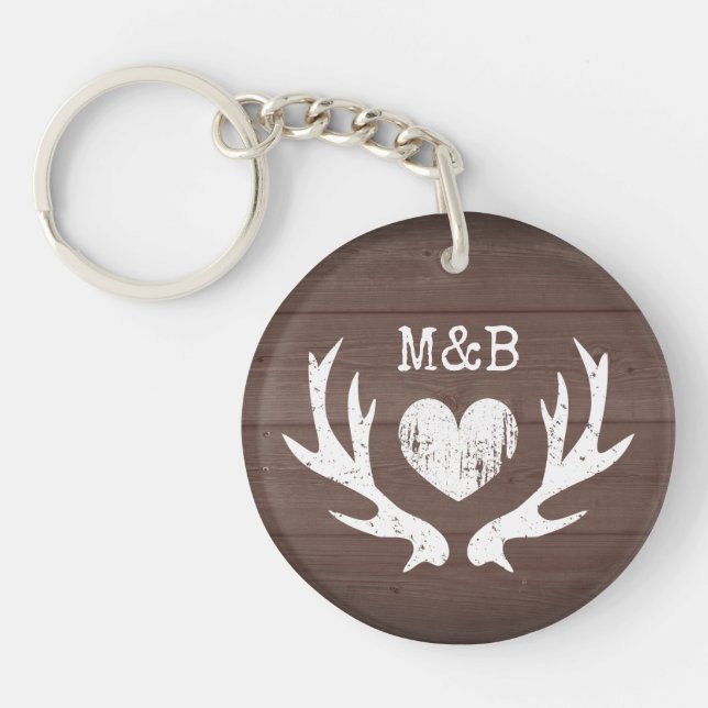 Rustic wedding favour deer antler brown wood print key ring (Front)