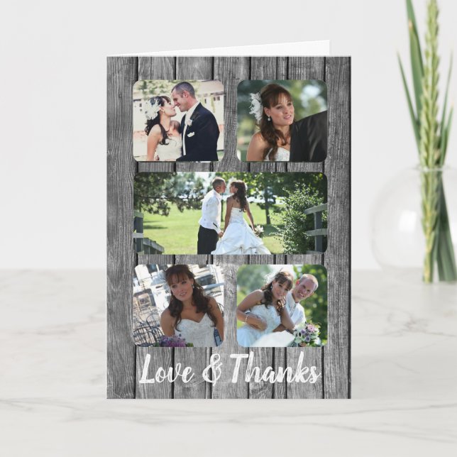 Rustic Wedding Five Photo Thank You Collage Card (Front)