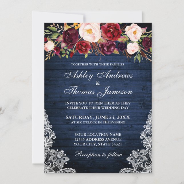 Rustic Wedding Floral Blue Wood Lace Invite (Front)