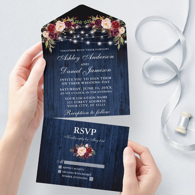 Rustic Wedding Floral Blue Wood Lights All In One Invitation (All In One Wedding Invitation with tear off RSVP Card)