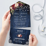 Rustic Wedding Floral Blue Wood Lights Lace All In One Invitation<br><div class="desc">Rustic Wedding,  Watercolor Burgundy Floral,  Blue Wood and String Lights Lace Wedding All In One Invitation with RSVP Card includes burgundy roses,  pink roses,  red roses and botanical greenery.</div>