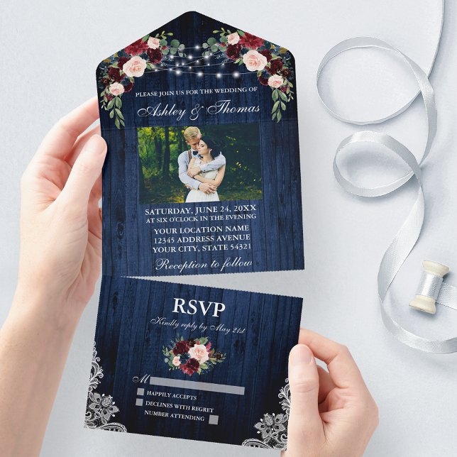 Rustic Wedding Floral Blue Wood Lights Lace Photo All In One Invitation (All In One Wedding Invitation with tear off RSVP Card)