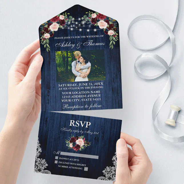 Rustic Wedding Floral Blue Wood Lights Lace Photo All In One Invitation ...
