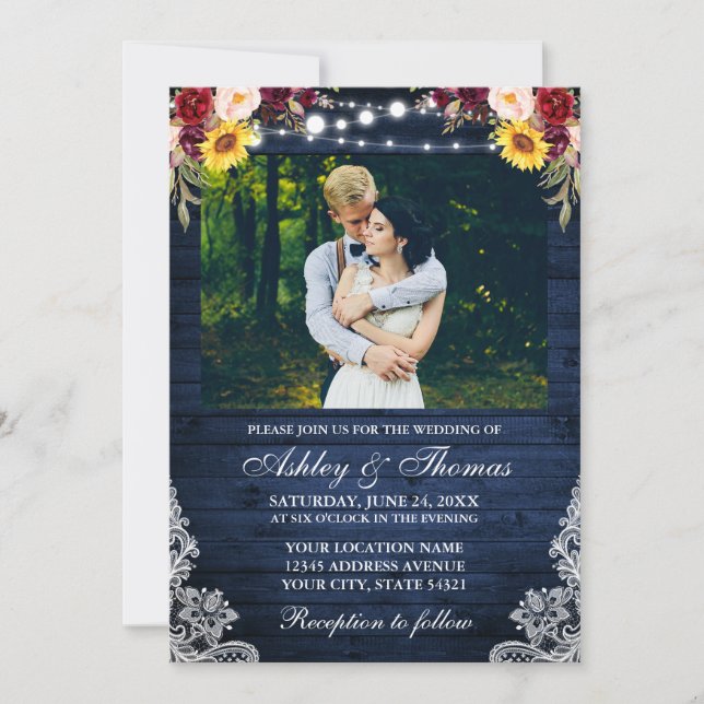 Rustic Wedding Floral Blue Wood Lights Lace Photo Invitation (Front)