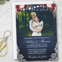 Rustic Wedding Floral Blue Wood Lights Lace Photo
