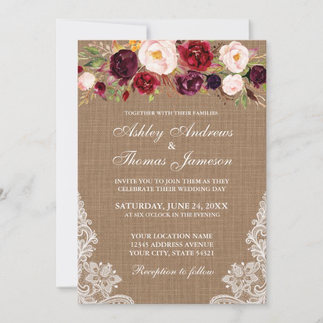 Rustic Wedding Floral Burlap Lights Lace Invite (Front)