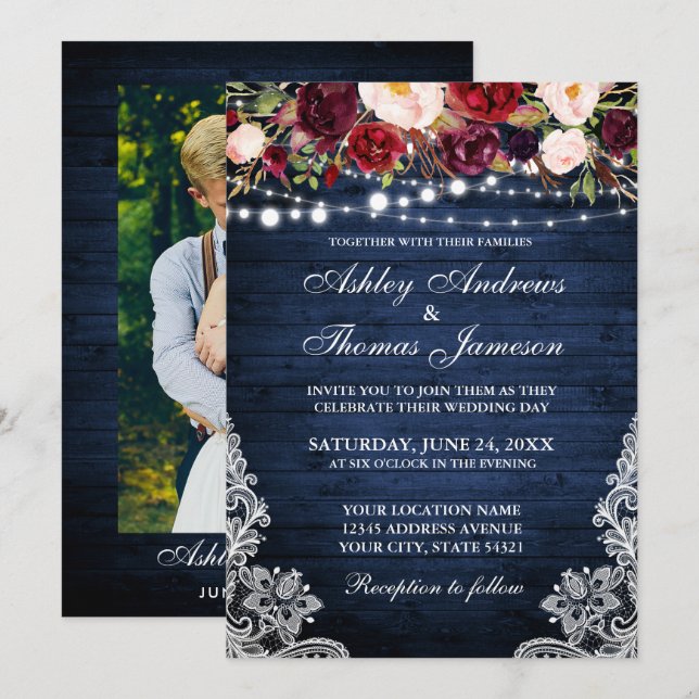 Rustic Wedding Floral Lace Blue Wood Photo Invitation (Front/Back)