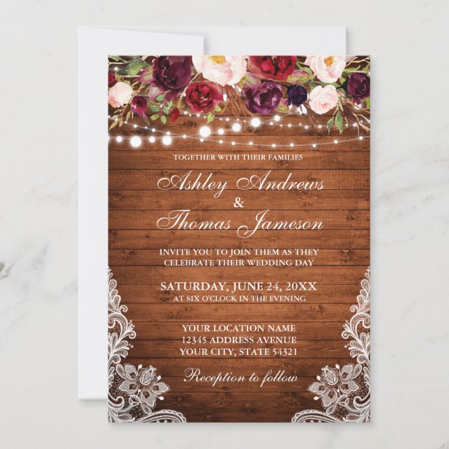Rustic Wedding Floral Lace Wood Invite (Front)