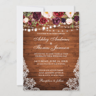 Rustic Wedding Floral Lace Wood Invite