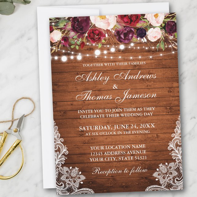 Rustic Wedding Floral Lace Wood Invite (Customize to add more text or photos to back of card.)