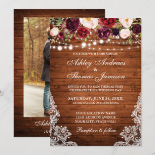 Rustic Wedding Floral Lace Wood Photo Invitation