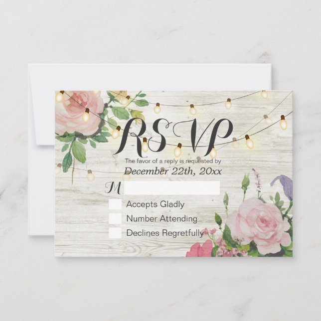 Rustic Wedding Floral Wood String Light RSVP Reply (Front)
