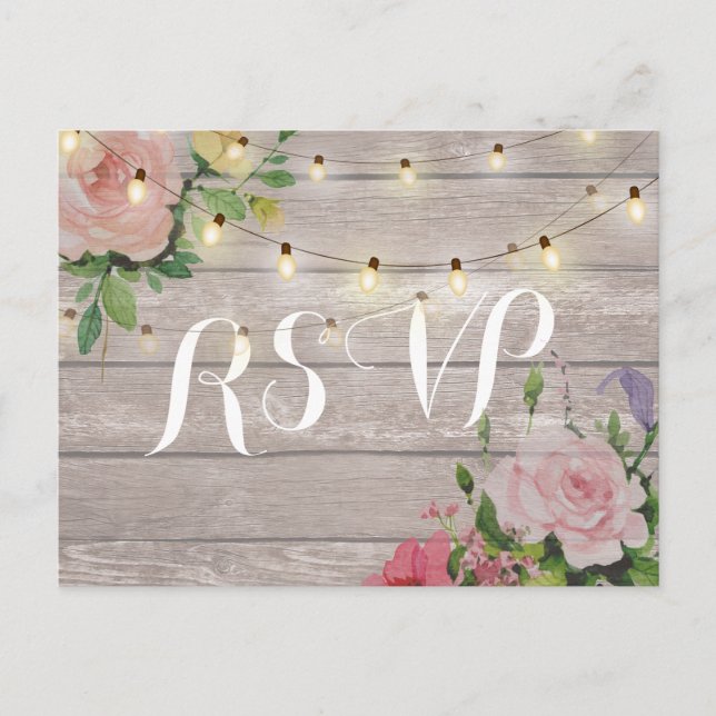 Rustic Wedding Floral Wood String Light RSVP Reply Invitation Postcard (Front)