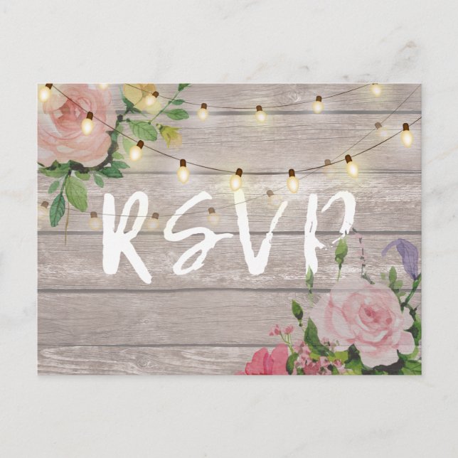 Rustic Wedding Floral Wood String Light RSVP Reply Invitation Postcard (Front)