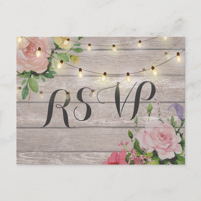 Rustic Wedding Floral Wood String Light RSVP Reply Invitation Postcard (Front)