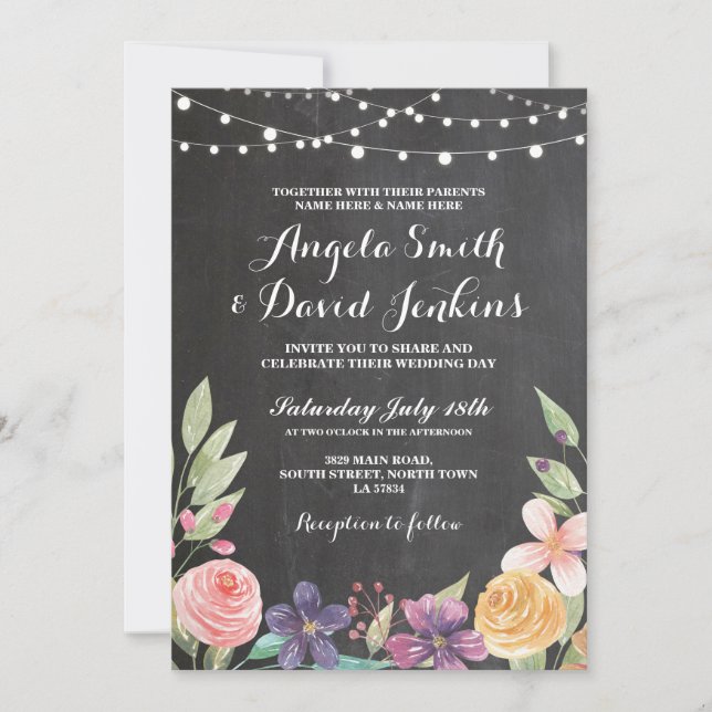 Rustic Wedding Flower Chalk String Lights Invite (Front)
