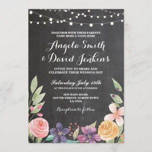 Rustic Wedding Flower Chalk String Lights Invite