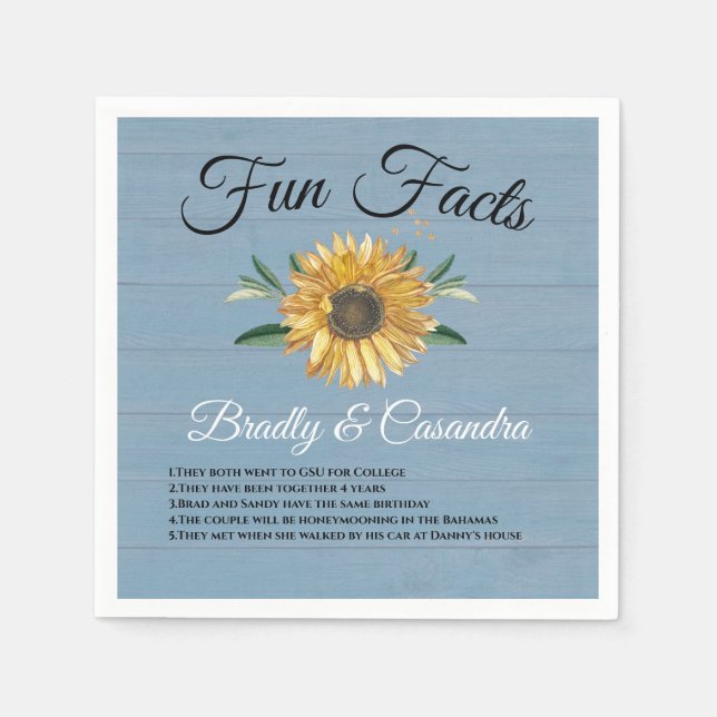 Rustic Wedding Fun Facts Sunflower Dusty Blue Wood Napkin (Front)