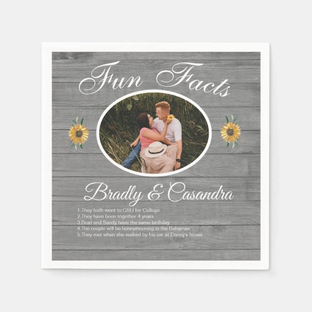 Rustic Wedding Fun Facts Sunflower Grey Wood Napkin (Front)