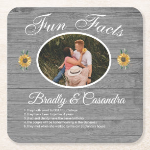 Rustic Wedding Fun Facts Sunflower Grey Wood  Square Paper Coaster