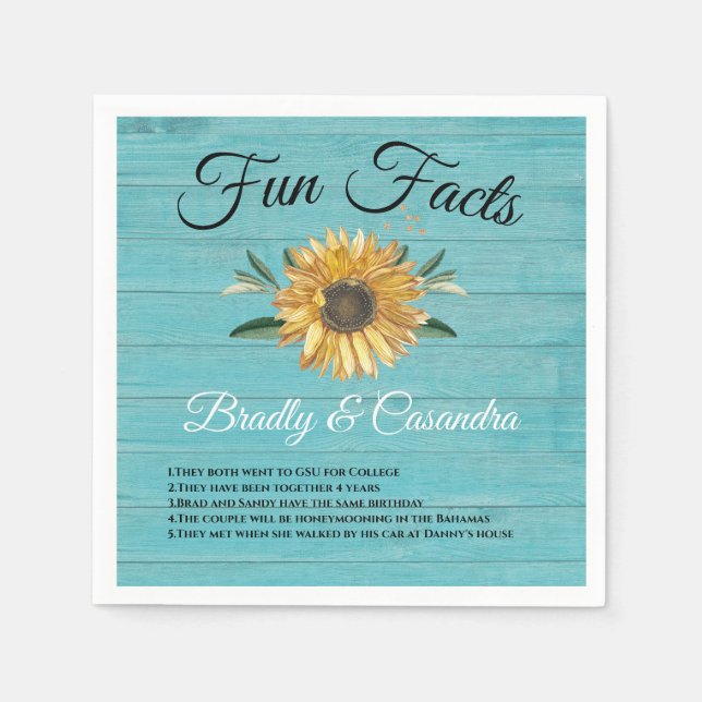 Rustic Wedding Fun Facts Sunflower Light Teal Wood Napkin (Front)