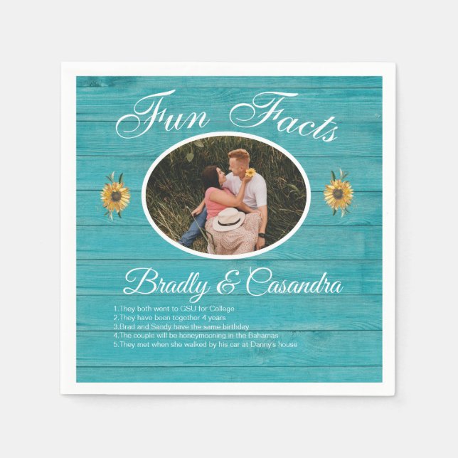 Rustic Wedding Fun Facts Sunflower Light Teal Wood Napkin (Front)