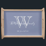 Rustic Wedding Gift Monogram Family Name Blue  Serving Tray<br><div class="desc">Rustic Wedding Gift Monogram Family Name Simple Elegant Light Blue Serving Tray. Personalised monogram initial, with the family's last name or your name and established date in white script lettering on a light blue background. A unique gift for weddings, newlyweds, and bridal shower gifts. It is lovely for their new...</div>