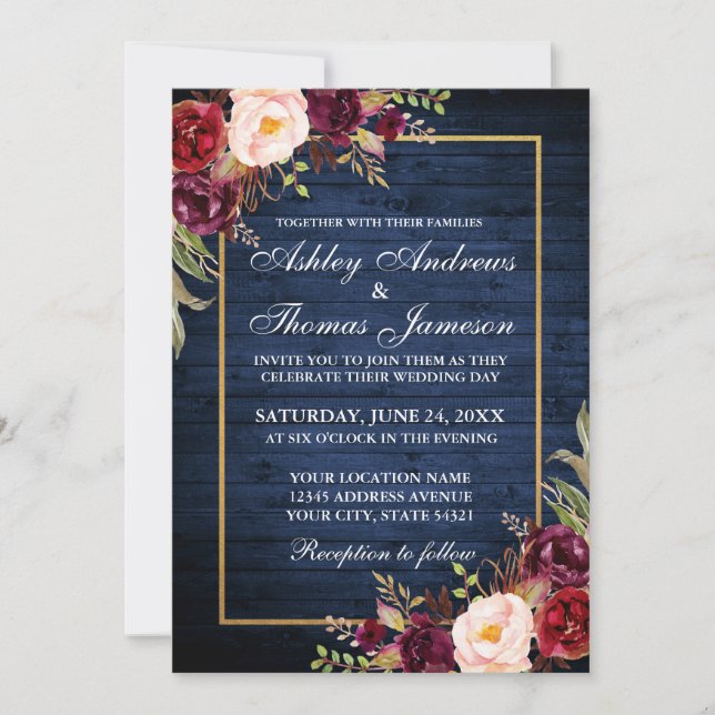 Rustic Wedding Gold Burgundy Floral Blue Wood Invitation (Front)