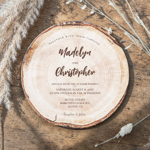 Rustic Wedding Handlettering Script Wood Cut Slice Invitation