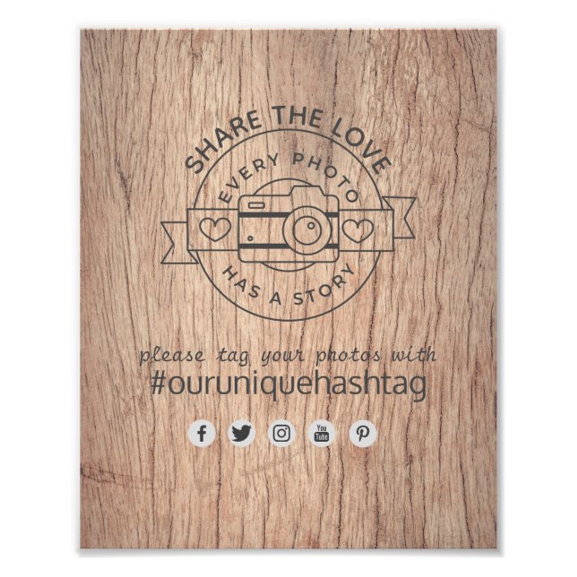 Rustic Wedding Hashtag Sign - Wood Camera Share (Front)