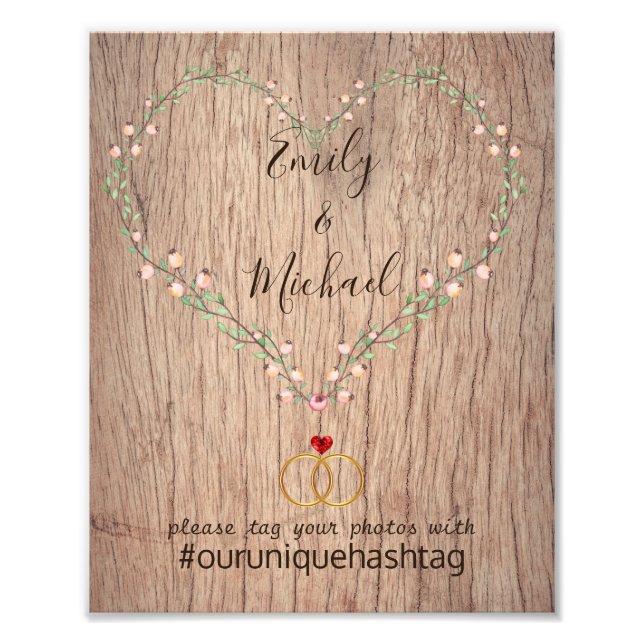 Rustic Wedding Hashtag Sign - Wood Heart Floral (Front)