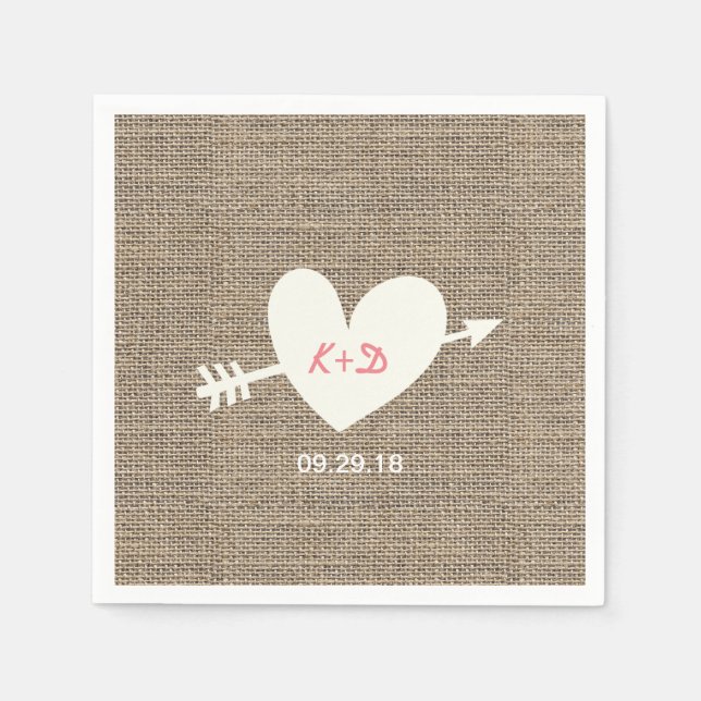 Rustic Wedding Heart & Arrow Elegant Burlap Napkin (Front)