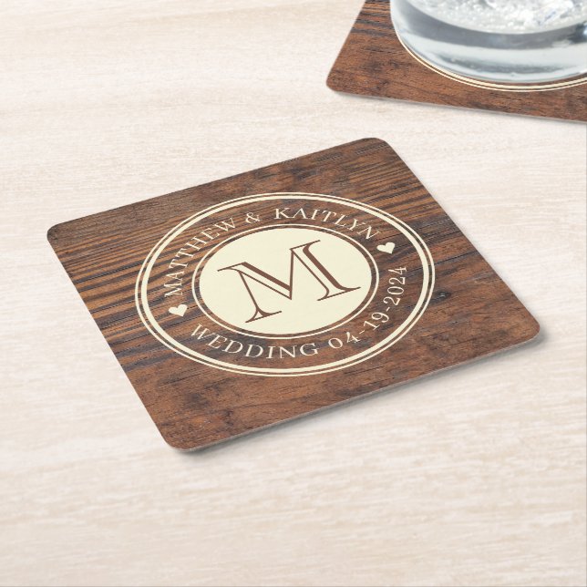 Rustic Wedding Heart Monogram in Dark Walnut Square Paper Coaster (Angled)