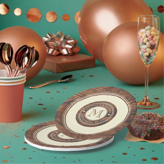 Rustic Wedding Heart Monogram in DarkWalnut Circle Paper Plate (Multi)