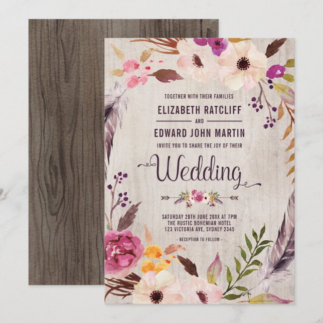Rustic Wedding Invitation Boho Floral Wood Invite (Front/Back)