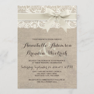 Rustic Wedding Invitation   Burlap Lace Bow Look