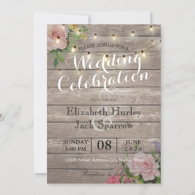 Rustic Wedding Invitation Floral Wood String Light (Front)