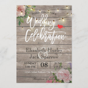 Rustic Wedding Invitation Floral Wood String Light