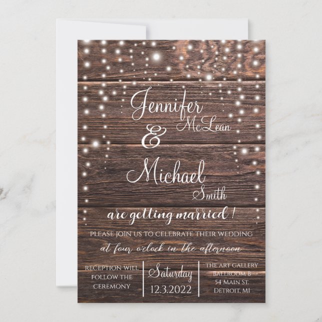 Rustic Wedding Invitation w/ String Lights (Front)