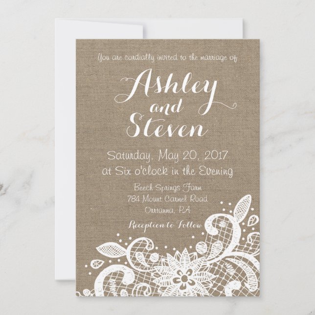 Rustic wedding invitation with lace over burlap (Front)