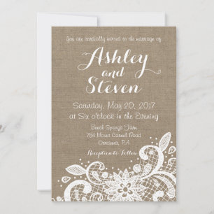 Rustic wedding invitation with lace over burlap