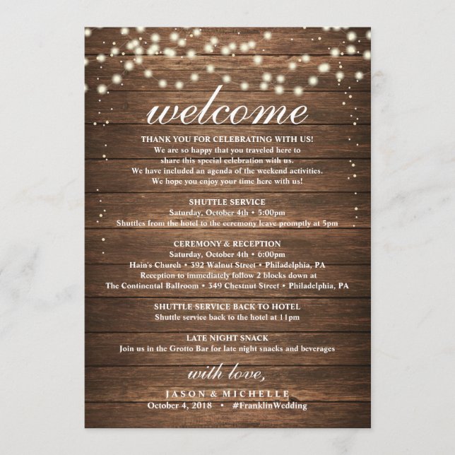 Rustic Wedding Itinerary - Wedding Welcome Letter Programme (Front)